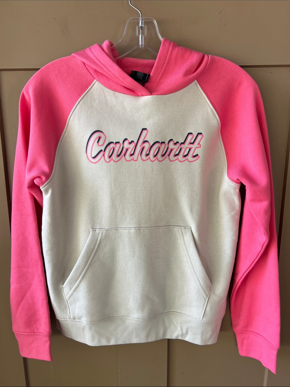 Carhartt New w Tag Kids Girls 10 Pink and Cream Colorblock Graphic Raglan Hoodie